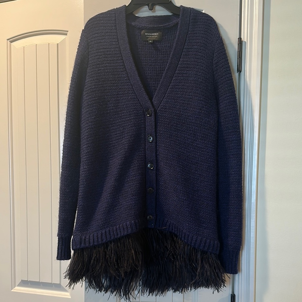 Banana Republic Navy Cardigan with genuine ostrich feather 🪶 Trim S